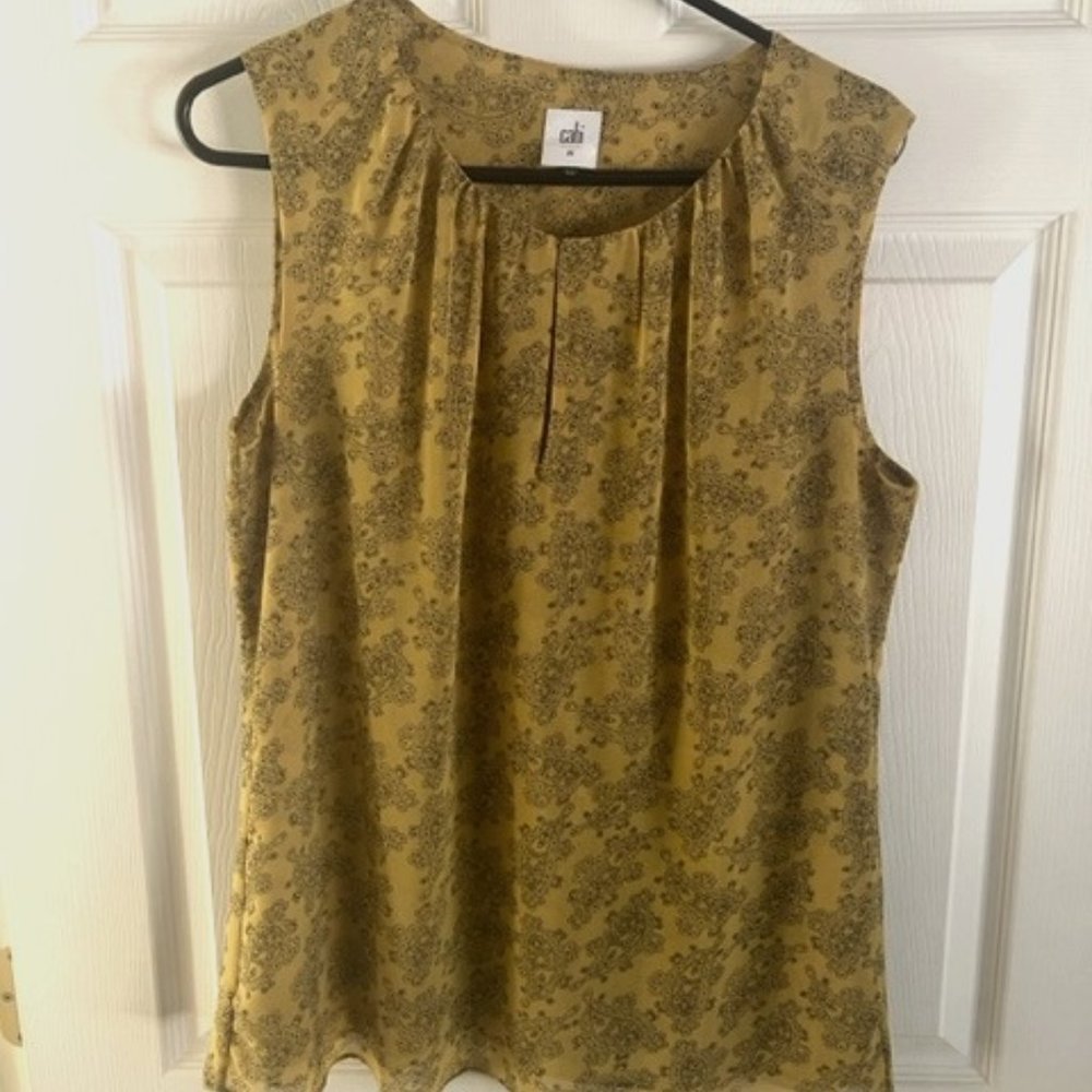 CAbi #3617 Mustard Yellow/Black Paisley Sleeveless Blouse